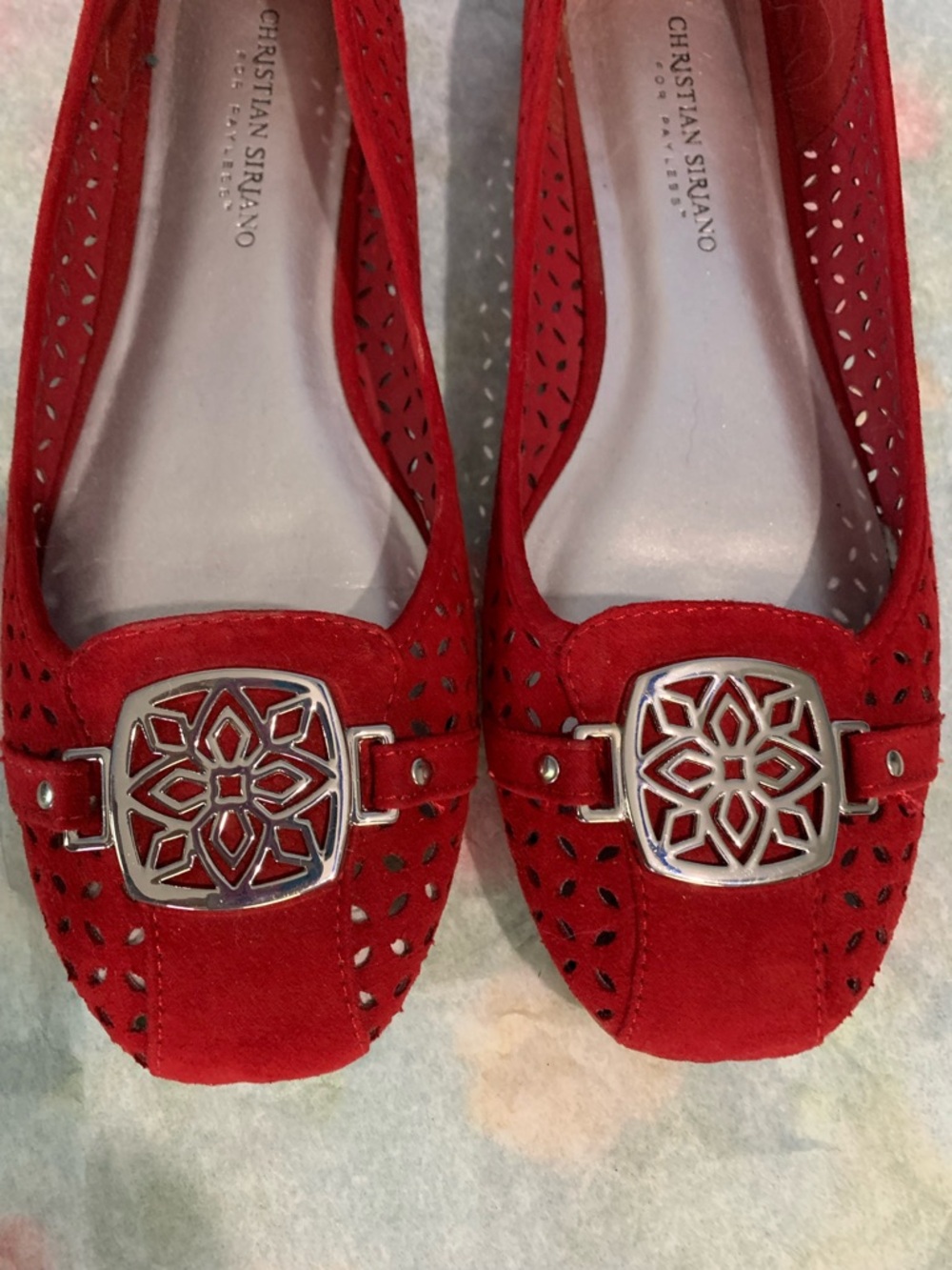 Christian Siriano Red Suede Perforated Flats with Silver Medallion - Picture 2 of 8